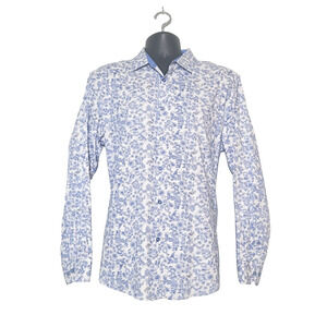 BOHIO Men's Floral Print Long Sleeve Button-Up Casual Shirt, Blue/White, Size M